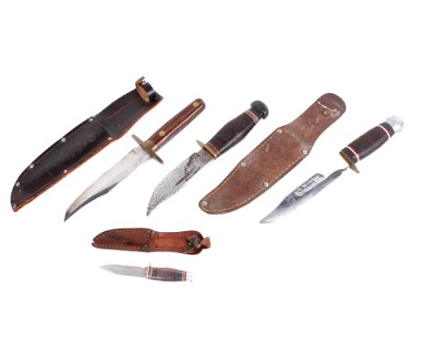 Four hunting knives. Including Bowie, William Rogers, a small Milbro Kampa, and one other.