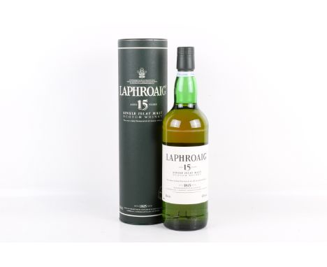 A bottle of Laphroaig single Islay malt Scotch whisky. Aged 15 years, 43% vol, 70cl, in original tube box. 