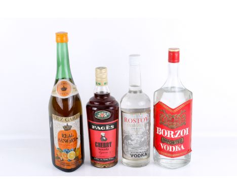 Four bottles of alcohol. Including Rostov Imperial vodka, 65.5%, Borzoi vodka, 1l, and two more. 