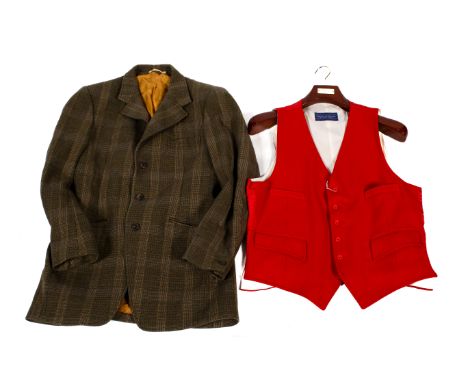 A men's Parr & Co wool tweed riding jacket and a red hunting waistcoat. The jacket (no size) length from shoulder seam 72cm, 