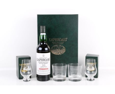 A Laphroaig single Islay Scotch whisky gift set wth two extra glasses. 10 years old, 55.7% vol, 70cl., all in original boxes.
