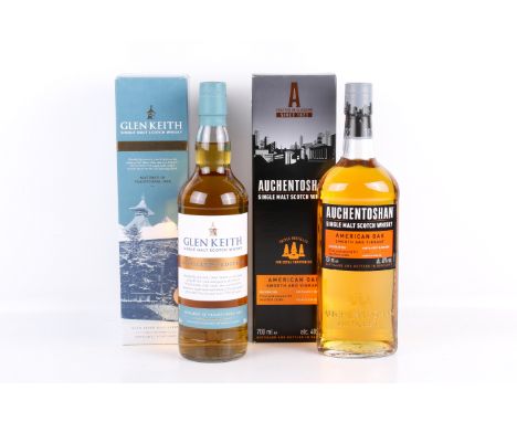 Two bottles of single malt Scotch whisky. Comprising one Glen Keith distillery edition and one Auchentoshan American oak, bot