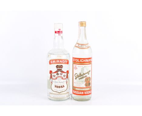 Two bottles of Russian Vodka. Comprising one bottle of Stolichnaya 1968, 70cl, 40% vol and one bottle of later Smirnoff, 1l, 