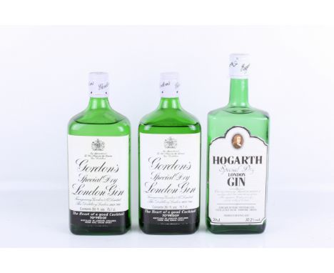 Three bottles of Gin. Comprising two bottles of Gordons London gin, 75.7cl, 70 proof and one bottle of Hogarths London gin, 7