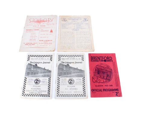 Five football programmes, 1934-1938. Comprising Fulham v Blackpool, 22nd September 1934; Fulham v FC Austria, 3rd December 19