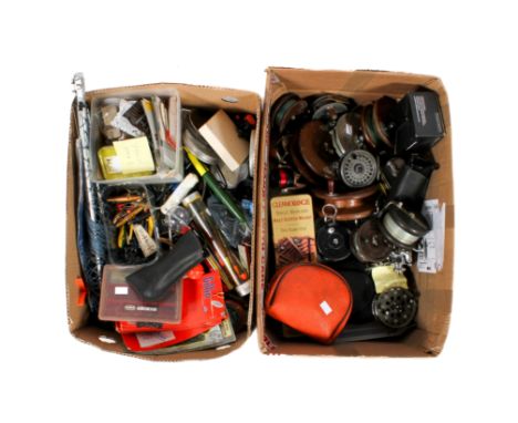 Two boxes of mixed fishing tackle. Including reels, lures, tackle boxes, floats and assorted tackle