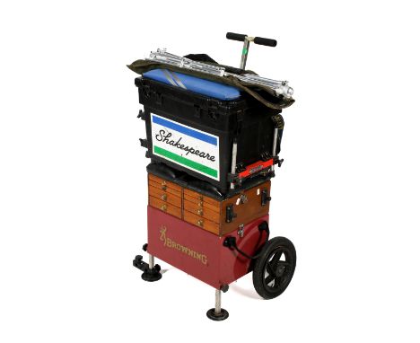 Course fishing boxes, trolley and pod. Comprising two coarse fishing tackle boxes by Shakespeare and a Browning 8-drawer padd