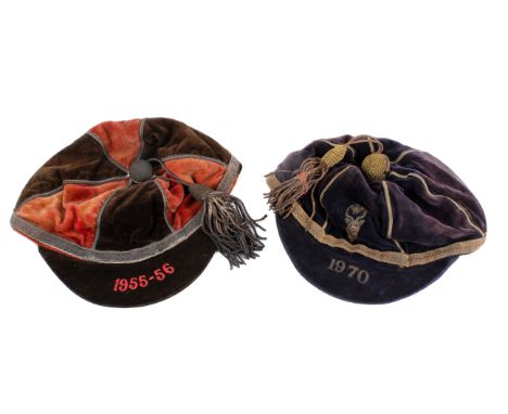 Two mid-20th century velvet Rugby Union caps. Comprising one from the Wales tour of South Africa in 1970, blue with gold trim