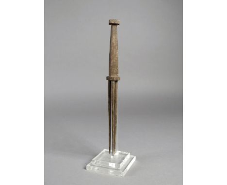 A Fiji cannibal fork, with square section handle and three prongs, 28.5cm long.