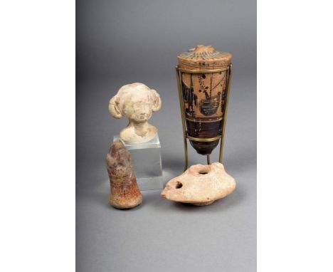 A group of antiquities including; a terracotta cylindrical vessel with painted decoration, 12.5cm high in a stand, a Roman po