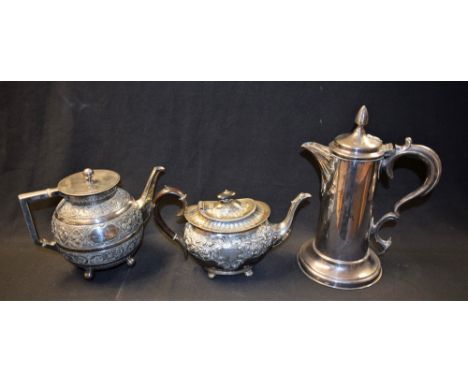 A Victorian EPBM Anglo-Indian globular teapot, angular handle, embossed with bands of stylised flowers and scrolls, knop fini