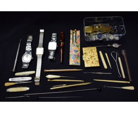 A gold plated propelling pencil; another silver plated; a Minka fountain pen, iridium nib; a gent's Rotary wristwatch; Sekond