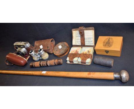 Boxes and Objects - a silver topped malacca walking stick; Mauchline box, bodkin case, carved box; etc.; quantity