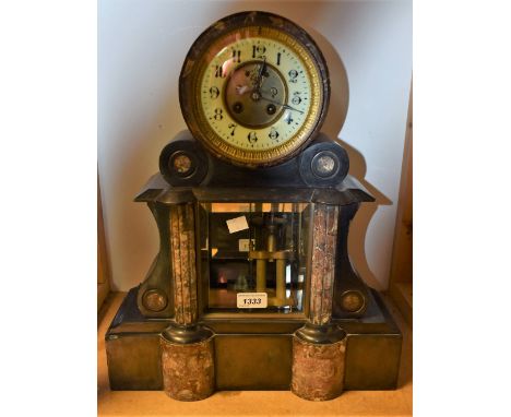 A 19th century French slate and grey marble mantel clock, with Japy Freres type 14-day movement striking on a bell in a drum 