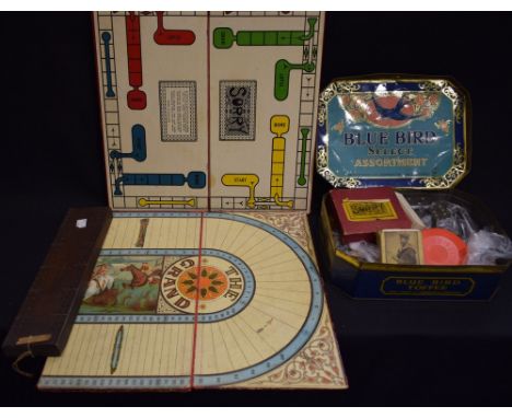 A cribbage board, a folding games board, The Grand Race Game, with draughts and chess