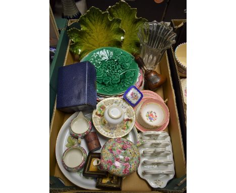 Ceramics - Aynsley, Bridal Rose Chintz, Majolica leaf dish; glass celery vase; cased playing cards; etc.
