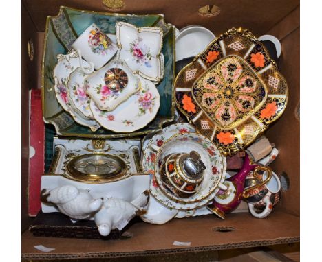 Ceramics - a Royal Crown Derby 1128 shaped square bowl; Posies trinket dishes; 1128 lighter; other Limoges, clock; etc.