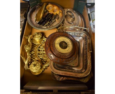 A brass desk stand; pens with 14ct gold nib and others; Chadburns barometer; silver plate; etc.