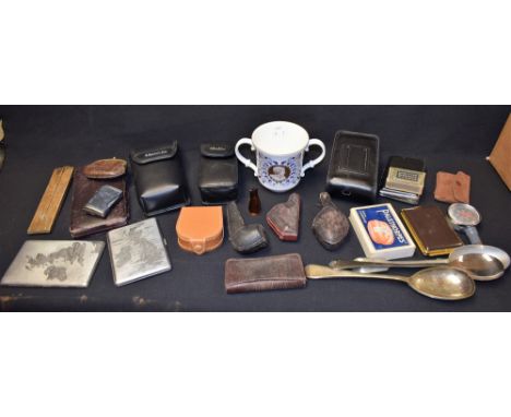 A meerschaum pipe, cased; others similar; two pocket 35mm cameras; pocket binoculars, cased; EPNS serving spoons; a Royal Dou