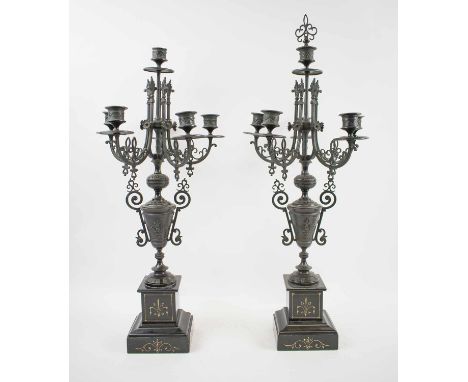 BRONZE CANDELABRA, a pair, aesthetic period bronze and marble, 64cm H. (minor faults)
