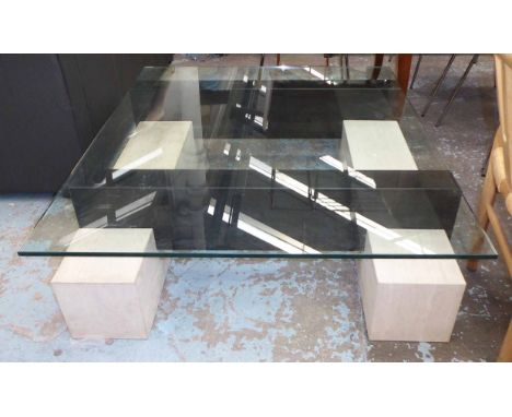 LOW COFFEE TABLE, rectangular glass top with black marble and white travertine base, 130cm L x 110cm W x 40cm H.