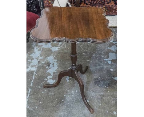 LAMP TABLE, 19th century the shaped mahogany tilt top on a turned column with tripod supports base, 49cm x 49cm H. (old repai