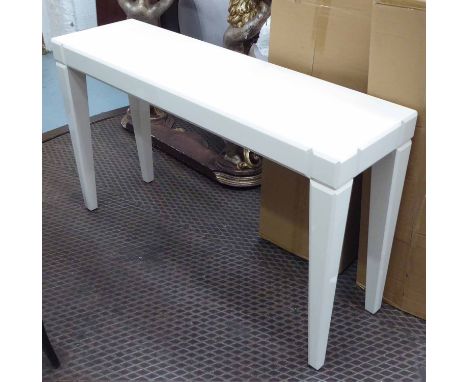 CONSOLE TABLE, white on square tapered supports, 119cm W x 71cm H x 34.5cm D.