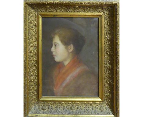 19th CENTURY SCHOOL 'Profile Portrait of a Girl with a Red Shawl', pastel on paper, 40cm x 30cm, framed and glazed.