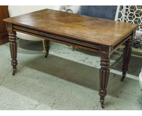 CENTRE TABLE, Victorian mahogany circa 1840 with rectangular top on reeded legs and brass castors, 73cm H x 137cm x 84cm. (wi