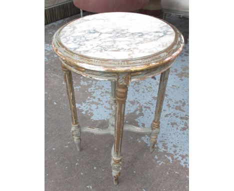 SIDE TABLE, circular French style with marble top on a distressed painted frame and fluted supports, 51cm Diam x 71cm H. (2)