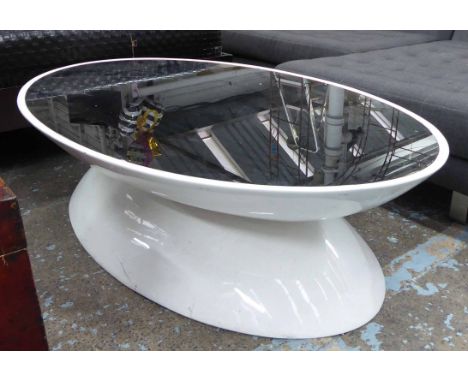 ANNA TABLE, contemporary style with black glass top on white fibreglass base, 130cm x 81cm x 36cm H.