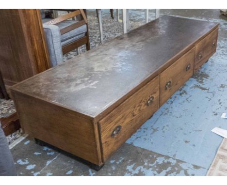 LOW CABINET/COFFEE TABLE, mid 20th century industrial style with a distressed finish metal top over three drawers, 62cm x 42c