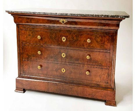 COMMODE, 19th century French Louis Philippe burr walnut with five long drawers, including a plinth drawer, and St Annes grey/