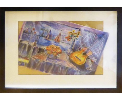 KARL GOLDSCHMIDT (20th century German) 'Still Life near a Window Overlooking a Seascape', watercolour, signed lower left, 55c