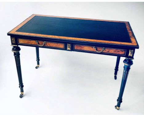 WRITING TABLE, Victorian ebonised amboyna and gilt metal mounted with tooled leather top above two frieze drawers, 108cm W x 