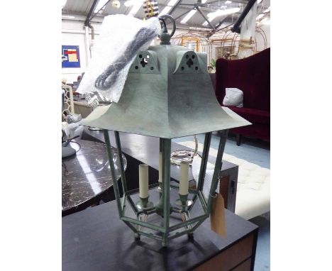 DORMER LANTERN, Charles Edwards in brass and finished verdigris, 66cm H x 50cm x 44cm (missing glass panels).