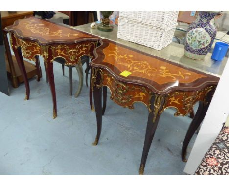 CONSOLE TABLES, a pair, with floral marquetry top on a mahogany finish Louis XV style, 101cm x 48cm x 80cm H. (2)