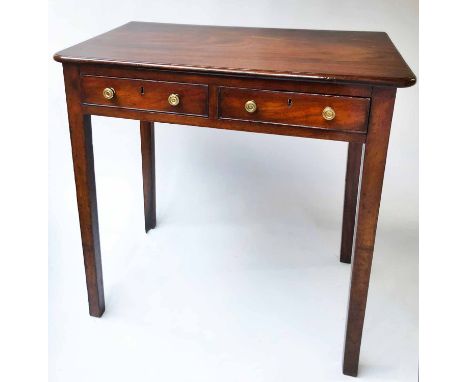 WRITING TABLE, George III flame mahogany with two frieze drawers and square section supports, 81cm x 50cm D x 77cm H.