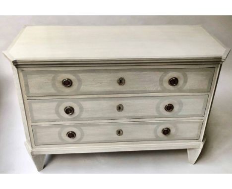 COMMODE, 19th century Gustavian style traditionally grey painted with three long line panelled drawers and fluted columns, 11
