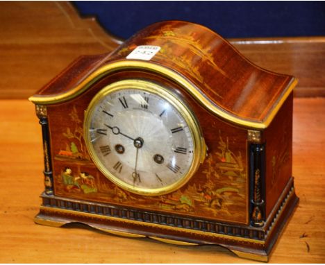 A chinoiserie decorated mantle clock by Brook & Son, with figures and pagodas in foliage, with gilded border, 19cm high