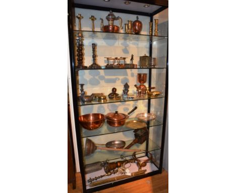 A large quantity of copper, brass and metalwares, to include postal scales, soda siphon, stair rods etc