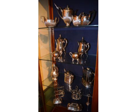 A quantity of plated wares, to include a four piece tea service, egg epergne, toastrack etc