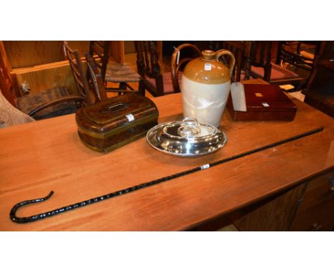 A quantity of collectables, comprising of a Victorian faux walnut safe box, a stoneware flagon, 12 plated fruit knives and fo