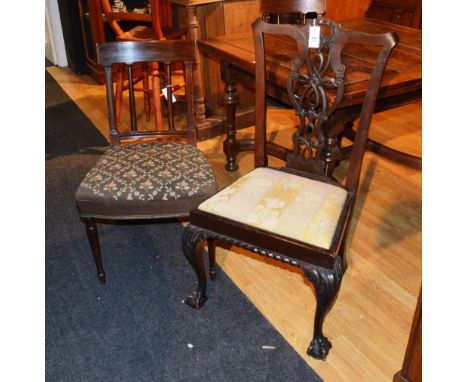Three mahogany dining chairs, comprising of a Chippendale style chair and a pair of mahogany rail back side chairs, 87 & 102c