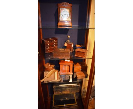 A quantity of collectables, to include a 19th century coin chest, apprentice chest, tooled leather writing box and mantel clo