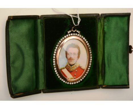 A portrait miniature of a military officer, watercolour on ivory, circa 1800, in bejewelled oval frame and original leather c