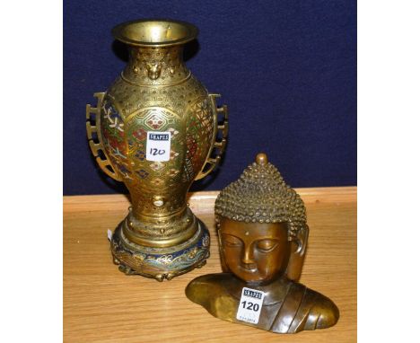 An Oriental bronzed Buddha figure, possibly of Thai origin, 19cm high, together with an Oriental brass and enamel decorated v