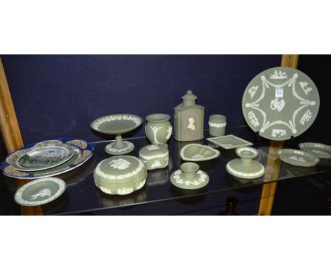 A quantity of green Wedgwood Jasperware, to include Royal Wedding tea caddy, plate, dishes, candlesticks etc, together with a