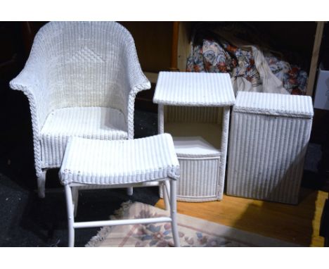 A group of LLoyd Loom white painted occasional furniture, comprising of armchair, stool and two baskets, chair 87cm high (4)