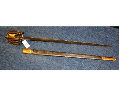 A Scottish basket hilted sword, with brass bun pommel, wooden twist grip, pierced hilt, forward guard, double edged blade and